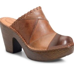 BORN Brown patchwork slip on mule leather clogs with a boho vibe size 7